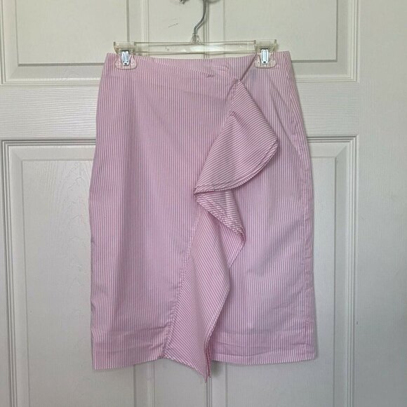 J. Crew Size 6P Pencil Skirt Ruffle Pink White Striped - Picture 1 of 7